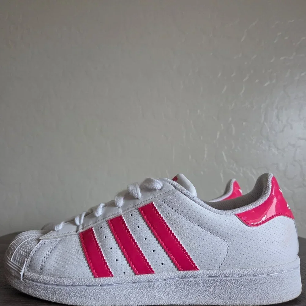 Adidas Superstar J Sneakers Shoes White/Iridescent Hot Pink Big Girls 6.5 DB1210